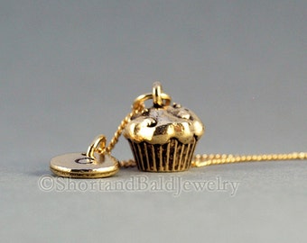 Cupcake necklace, Muffin necklace, antique gold, initial necklace,  initial hand stamped, personalized, monogram
