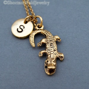 Alligator charm necklace, alligator necklace, initial necklace, initial hand stamped, personalized, antique gold, monogram