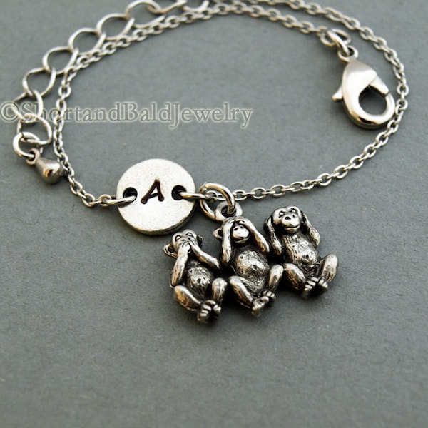 Three Monkeys bracelet, three wise monkeys, see no evil hear no evil speak no evil, initial, friendship, adjustable, monogram