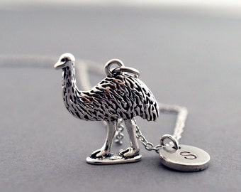 Emu necklace, Emu charm, Emu bird, Australian emu bird, initial necklace, initial hand stamped, personalized, antique silver, monogram