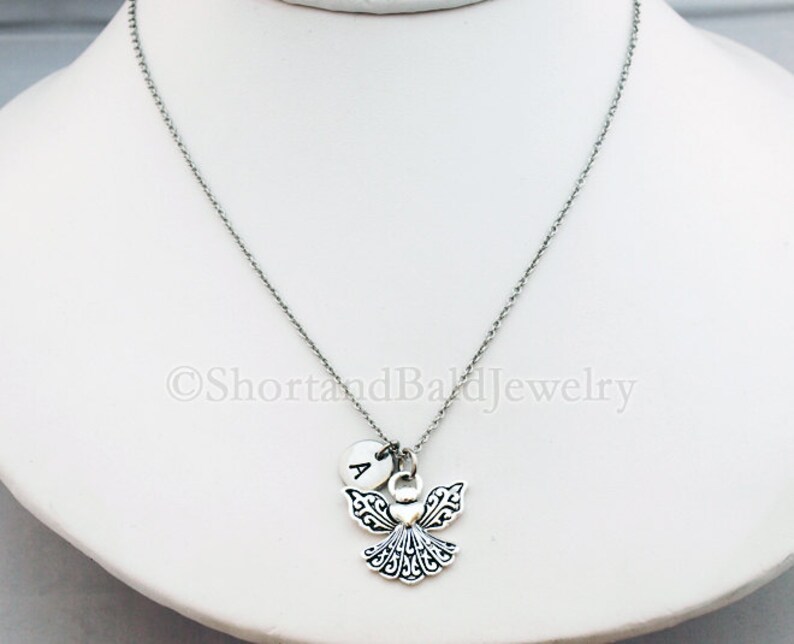 Angel Necklace, Angel charm, Silver angel charm, Angel wings, initial necklace, initial hand stamped, personalized, antique silver, monogram image 4