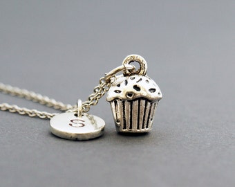 Cupcake necklace, Cupcake charm, Muffin necklace, initial necklace, initial hand stamped, personalized, antique silver, monogram