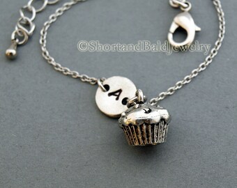 Cupcake charm bracelet, muffin charm, antique silver, initial bracelet, friendship, mothers, adjustable, monogram