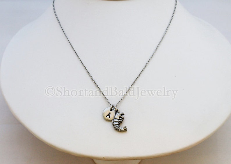 initial hand stamped Shrimp charm Necklace personalized shrimp necklace initial necklace antique silver monogram