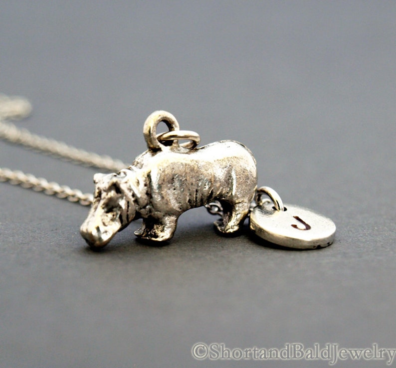 hippo necklace personalized initial necklace initial hand stamped Hippopotamus charm necklace Silver hippo charm monogram