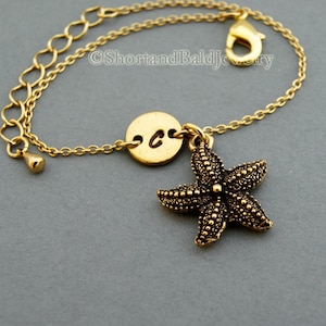 Starfish charm bracelet, star fish, antique gold, initial bracelet, friendship, mothers, adjustable, monogram