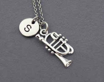 Trumpet Charm necklace, brass instrument, musician, initial necklace, initial hand stamped, personalized, antique silver, monogram