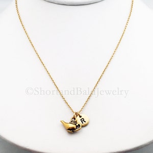 Puede incluir: Collar de cadena dorada con un dije de l&aacute;mpara de genio dorada y un dije inicial dorado con la letra "R".