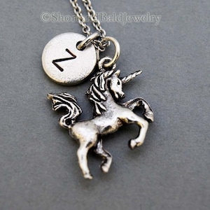 Unicorn necklace, silver unicorn charm, Unicorn jewelry, initial necklace, initial hand stamped, personalized, antique silver, monogram