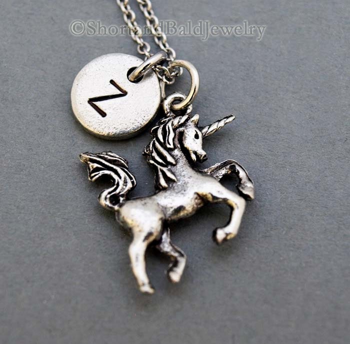 Unicorn necklace, silver unicorn charm, Unicorn jewelry, initial neck…