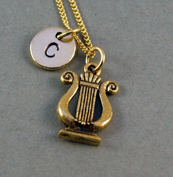 Ancient harp Necklace, the lyre, antique gold,  initial necklace, initial hand stamped, personalized, monogram