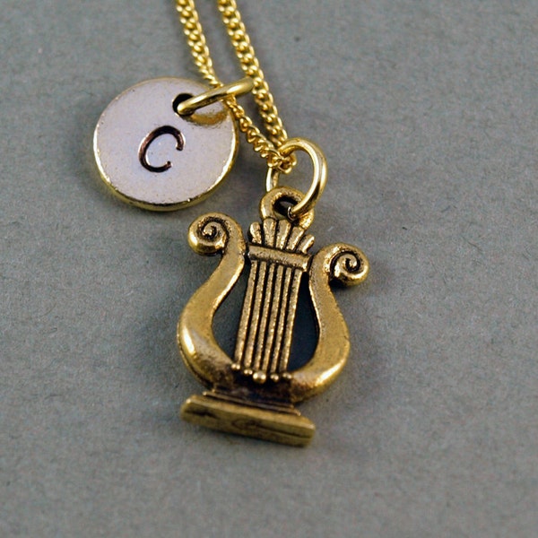 Ancient harp Necklace, the lyre, antique gold,  initial necklace, initial hand stamped, personalized, monogram