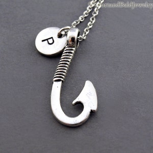 Fish hook necklace, Fishhook necklace, Fisherman, Fish hook charm jewelry, Fishing charm necklace, initial necklace, personalized, monogram