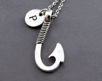 Fish hook necklace, Fishhook necklace, Fisherman, Fish hook charm jewelry, Fishing charm necklace, initial necklace, personalized, monogram