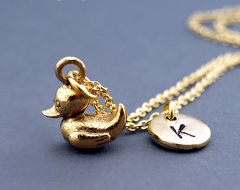 Rubber duck necklace, Baby Duck, gold rubber duck, toy duck, initial necklace, initial hand stamped, personalized, monogram