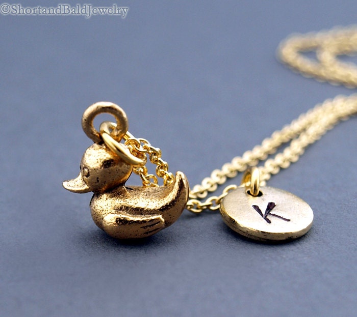 Rubber duck necklace, Baby Duck, gold rubber duck, toy duck, initial necklace, initial hand stamped, personalized, monogram