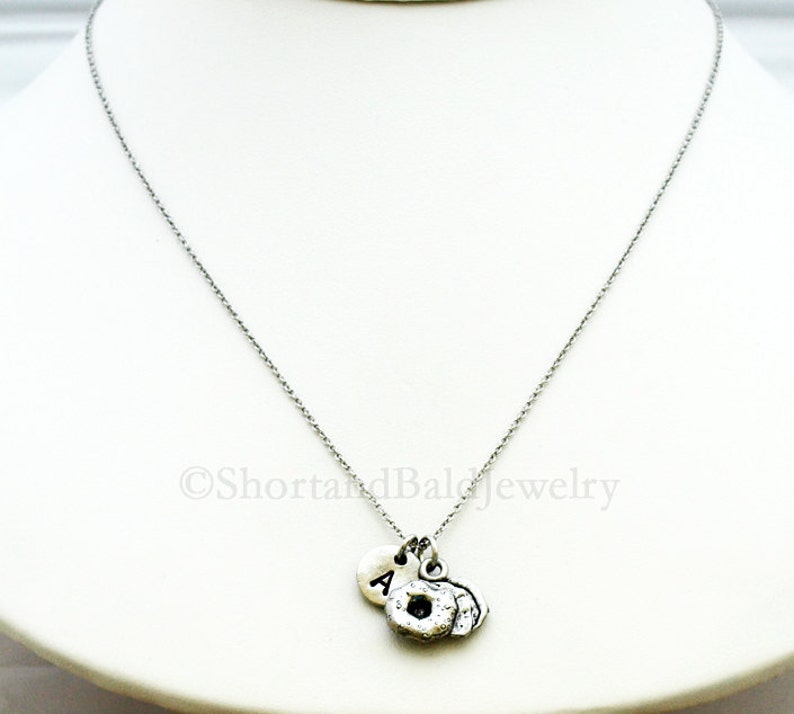 Bagel Necklace, bagels charm, food charm, initial necklace, initial hand stamped, personalized, antique silver, monogram image 3