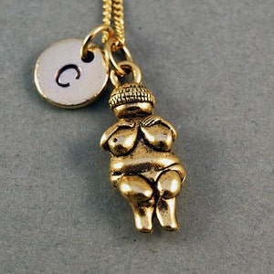 Venus of Willendorf Necklace, Woman of Willendorf, goddess fertility, antique gold, initial necklace, personalized, monogram