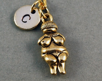 Venus of Willendorf Necklace, Woman of Willendorf, goddess fertility, antique gold, initial necklace, personalized, monogram