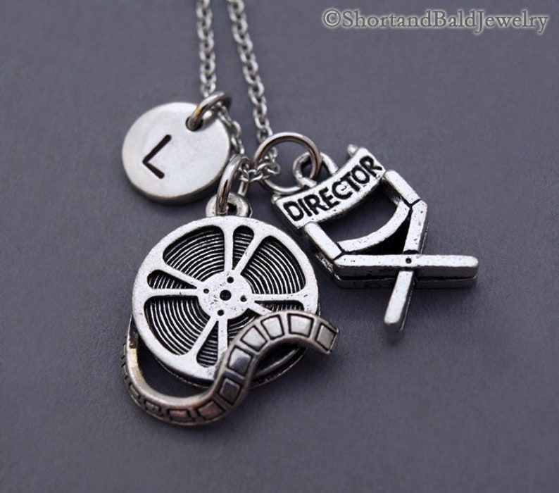 Film reel necklace, Movie reel necklace, Director's chair necklace, Film lover, movie lover, Film student gift, initial necklace image 1