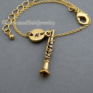 Clarinet charm bracelet, antique gold, initial bracelet, friendship, mothers, adjustable, monogram