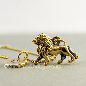 Lion necklace, Gold lion necklace, Lion charm pendant, Lion charm jewelry, initial necklace, initial hand stamped, personalized, monogram