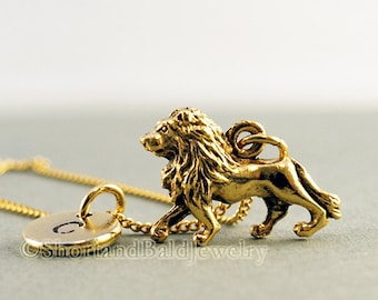 Lion necklace, Gold lion necklace, Lion charm pendant, Lion charm jewelry, initial necklace, initial hand stamped, personalized, monogram