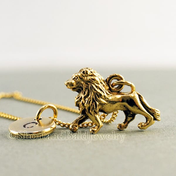 Lion necklace, Gold lion necklace, Lion charm pendant, Lion charm jewelry, initial necklace, initial hand stamped, personalized, monogram