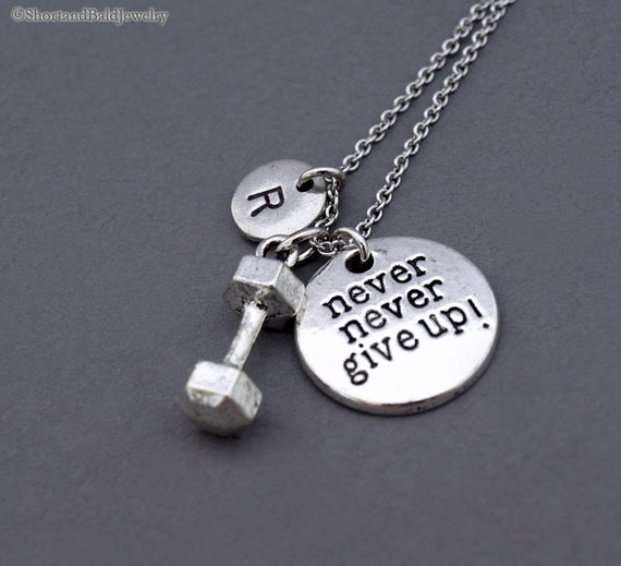 Gym Jewellery Pendant Necklace with Dumbbell and Quote never never give up