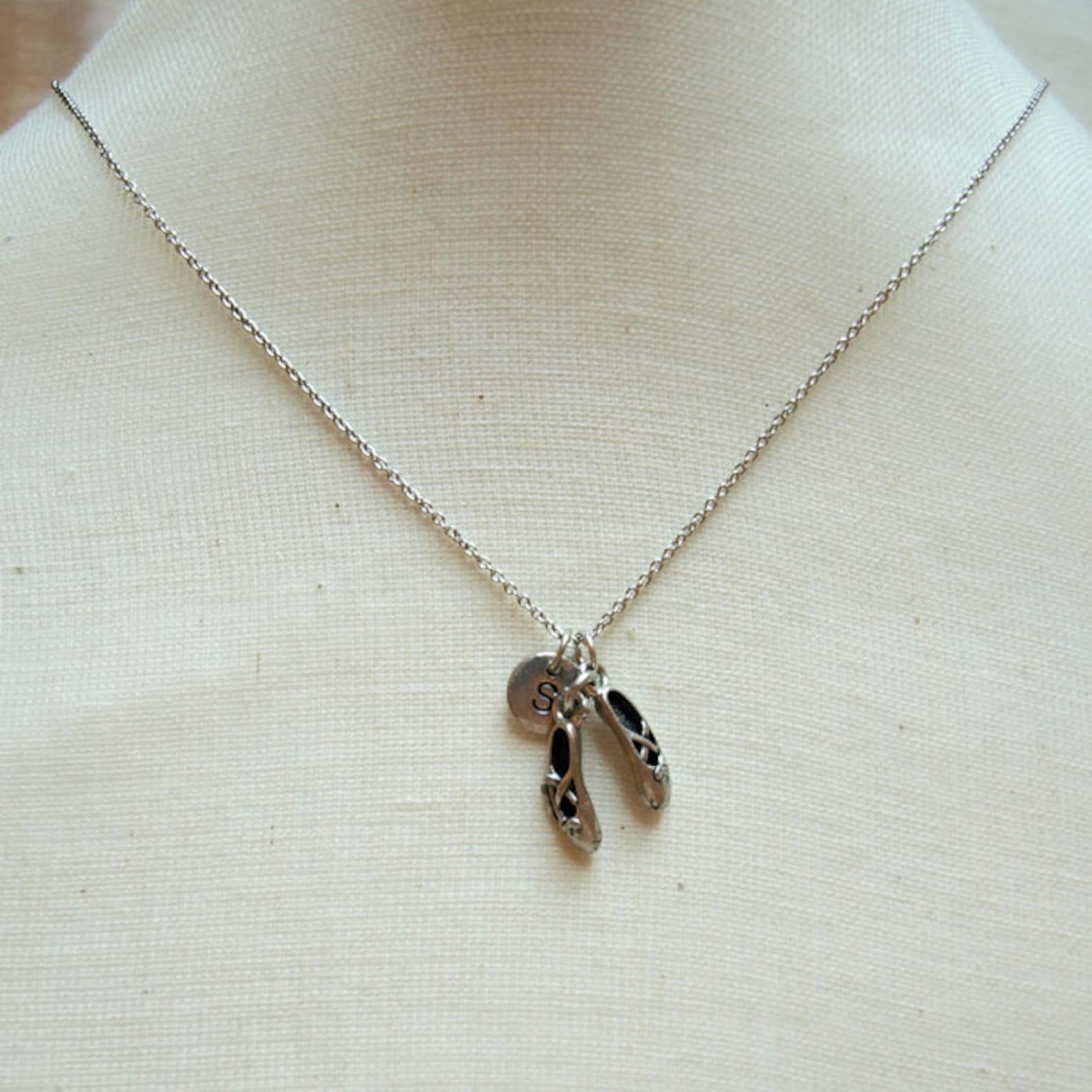 ballet shoes charm necklace, ballet slippers necklace, ballet dancer shoes, ballerina, dance charm, dancer, initial necklace, mo