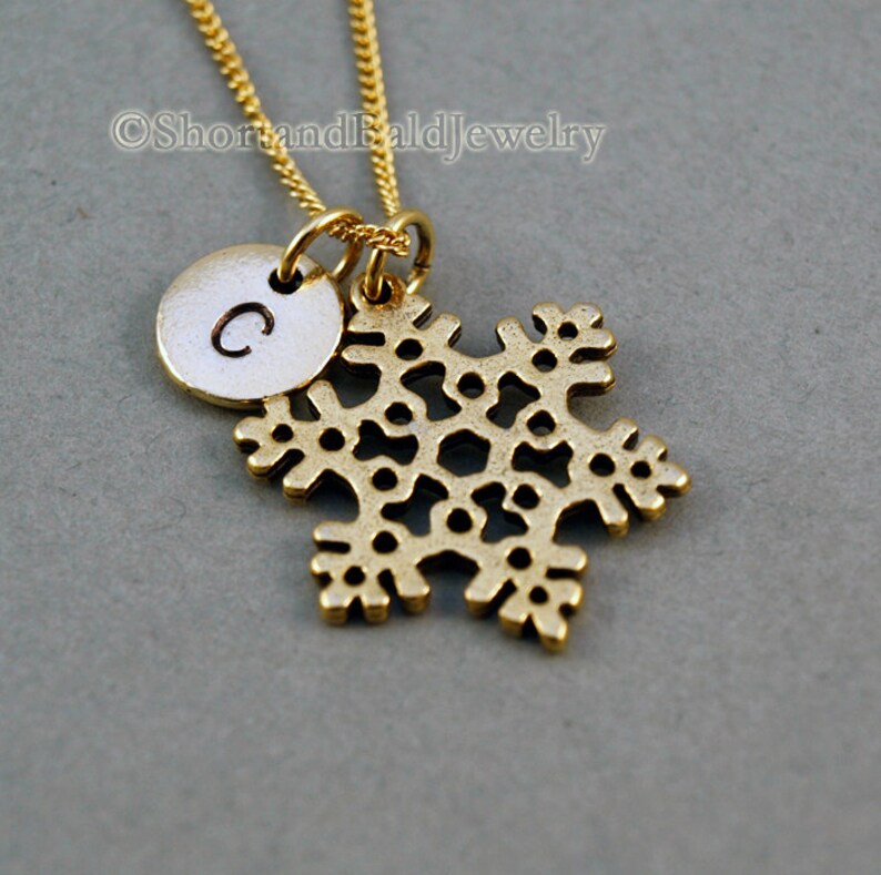 Snowflake necklace, gold snowflake, snow flake necklace, antique gold, initial necklace, initial hand stamped, personalized, monogram 