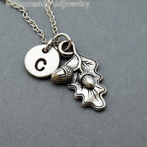 Acorn leaf necklace, acorn and leaf,  initial necklace, initial hand stamped, personalized, antique silver, monogram