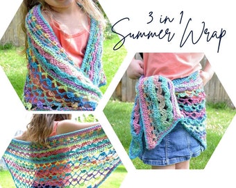 3 in 1 Summer Wrap - Crochet PATTERN, summer triangle shawl, triangle wrap, swim cover up, unforgettable yarn project, gift idea for women