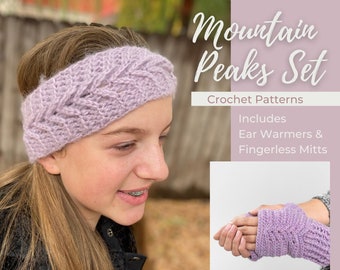 Mountain Peaks Set of Ear Warmers & Fingerless Mittens Crochet Pattern, headband, mitts, arrow crochet pattern, easy crochet gift for women