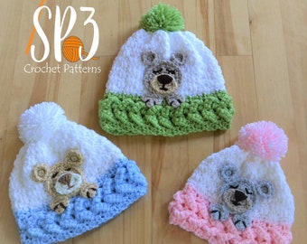 Sleep Tight Teddy Bear Hat - Crochet Pattern, baby hat, sleepy bear, textured crochet hat, kids hat, cute crochet gift, bear applique