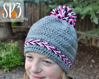 Patrón de gorro trenzado a crochet: Gorro con pompón con punto de espiga (patrón en PDF)