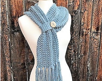 Winter Wishes Scarf Crochet Pattern, textured crochet, scarf with fringe, keyhole scarf, button closure, classic grey scarf pattern