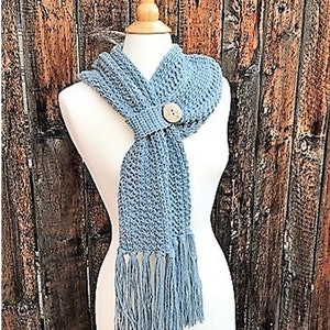 Winter Wishes Scarf Crochet Pattern, textured crochet, scarf with fringe, keyhole scarf, button closure, classic grey scarf pattern image 1