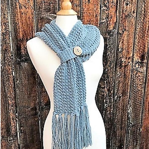 Winter Wishes Scarf Crochet Pattern, textured crochet, scarf with fringe, keyhole scarf, button closure, classic grey scarf pattern