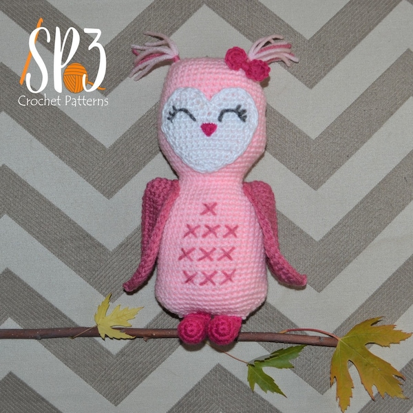 In CaHoots Owl Cuddly - Amigurumi Crochet Pattern, stuffed crochet animal, ami crochet, cute heart shape on owl, cuddly crochet, baby decor