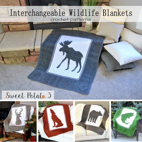 Interchangeable Wildlife Blanket Bundle - Crochet Pattern - Moose, Deer, Wolf, Bear, Fish, cabin decor, throw blanket, decorative blanket