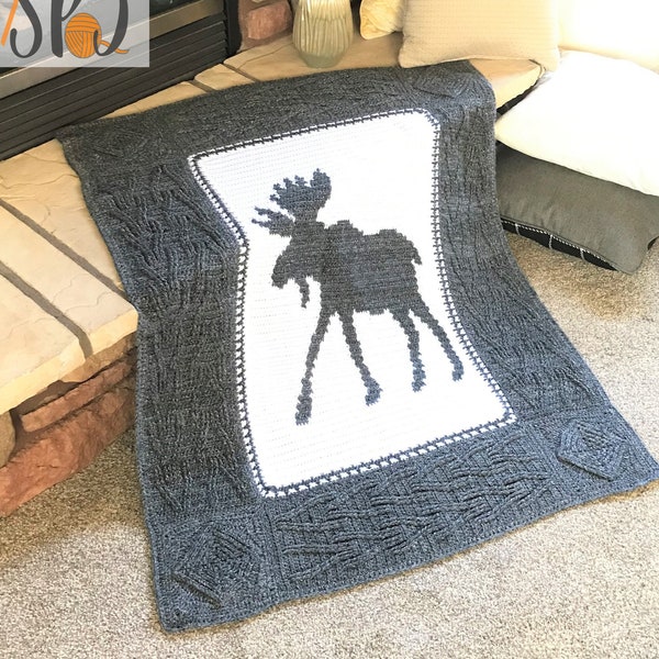 Wandering Moose Blanket - Crochet Pattern, cabin afghan, woodland animals, decorative throw blanket, moutain decor, blanket for men, texture