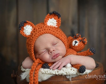 Fox Bonnet And Stuffy - Photo Prop - Crochet Pattern, newborn photography prop, baby photo prop, bonnet, fox hat, fox beanie, small ami