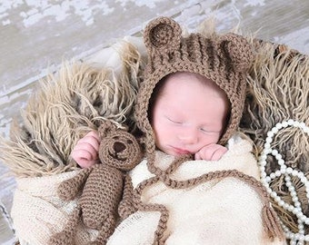 Teddy Bear Bonnet And Stuffy - Photo Prop - Crochet Pattern, newborn photo prop, photography prop, bear hat, bear beanie, small ami bear