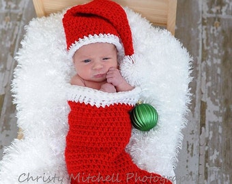 Christmas Stocking and Santa Hat - Crochet Pattern, newborn photo prop, newborn keepsake, baby's first christmas, stocking cocoon