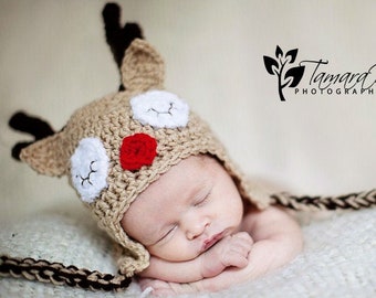 Reindeer Ear Flap Hat - Crochet Pattern, christmas hat, deer beanie, holiday crochet, baby, infant, toddler, childrens hat, rudolph, deer