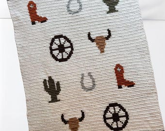 Western Cowboy Babydecke Häkelanleitung, Cowboyhut, Hufeisen, Catus, Wagenrad, Longhorn, Jungen-Kinderzimmer-Dekor, Babyparty-Geschenk-Idee