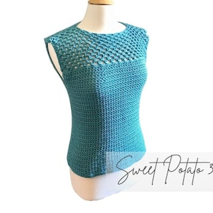 May include: A teal blue crochet top with a lacy neckline and sleeveless design. The top is displayed on a white mannequin. The text "Sweet Potato 3" is visible in the lower right corner of the image.
