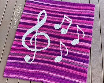 Music Note Crochet Blanket Pattern, throw blanket, graph crochet, gift for music lover, musician gift, modern blanket, singer gift, treble