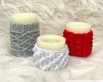 Cabled Candle Wraps - crochet pattern, holiday home decor, Christmas decor, candle sweater wraps, cabled crochet, gift idea for the holidays